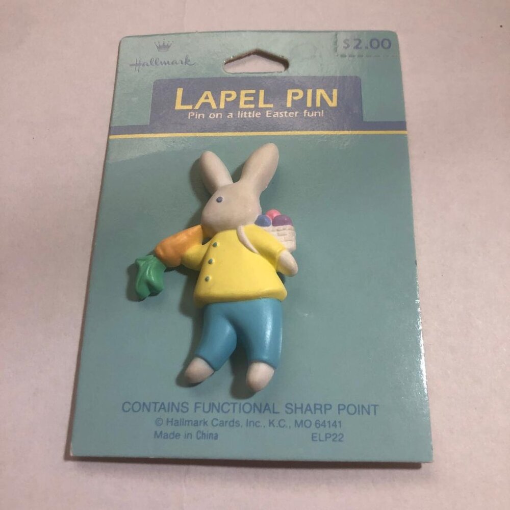New Vintage Hallmark Easter Lapel Pin Bunny Rabbit Delivering Eggs Brooch